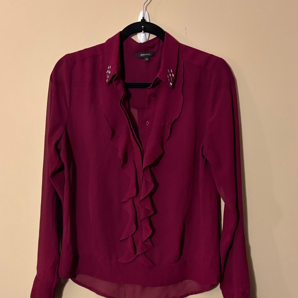 RW&CO. Burgundy Ruffle Semi Sheer Blouse